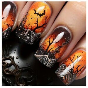 NWT Press On Nails Fall Halloween Orange Black Fake False Nails Spooky Bats Cats